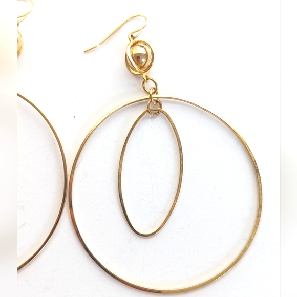 Gold Tone Modernist Geometric Circles Dangle Drop Hoop Earrings - Picture 3 of 3